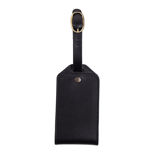 Black Maui full-grain leather luggage tag with antique brass buckle and adjustable strap