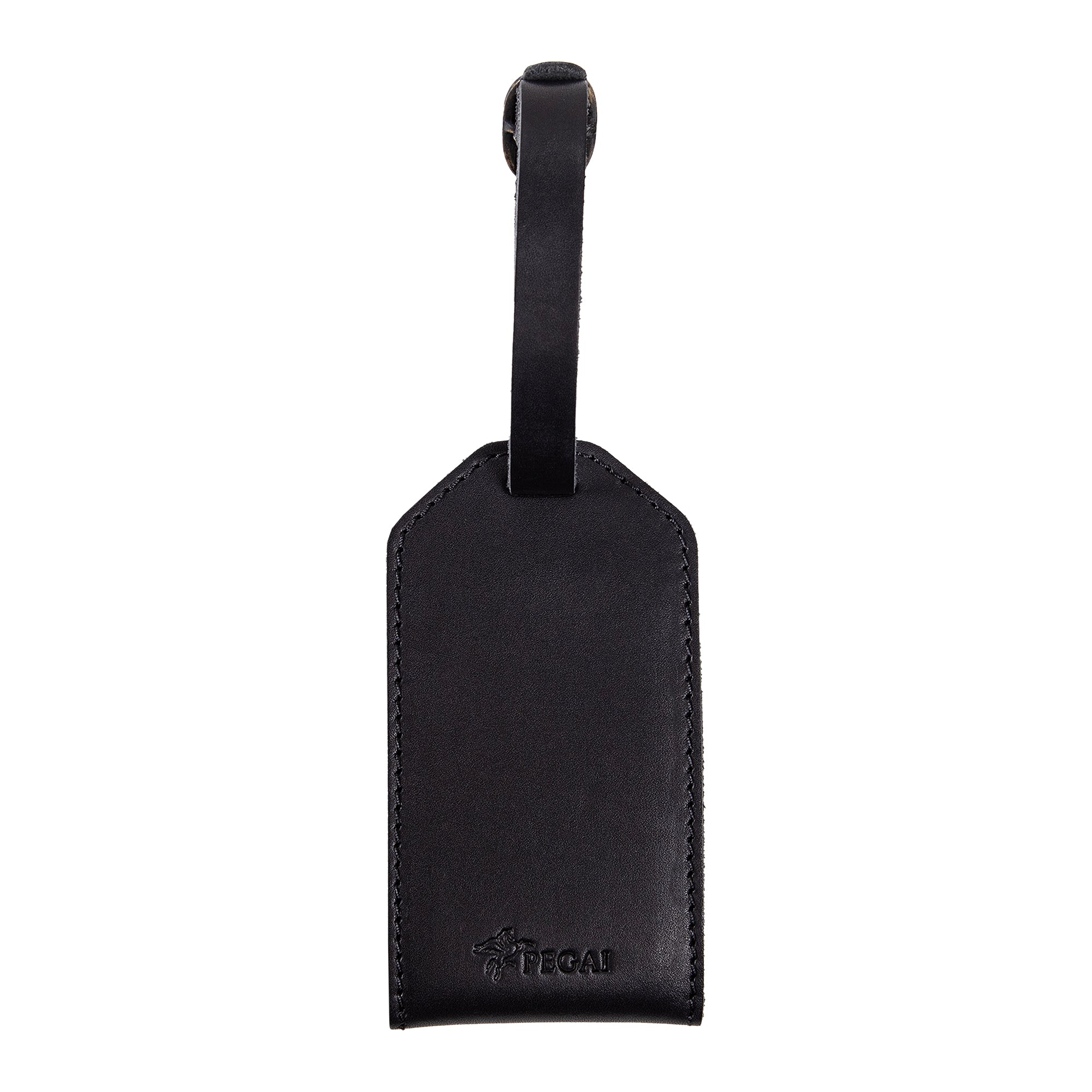 Back view of black leather luggage tag with embossed Pegai logo and adjustable strap