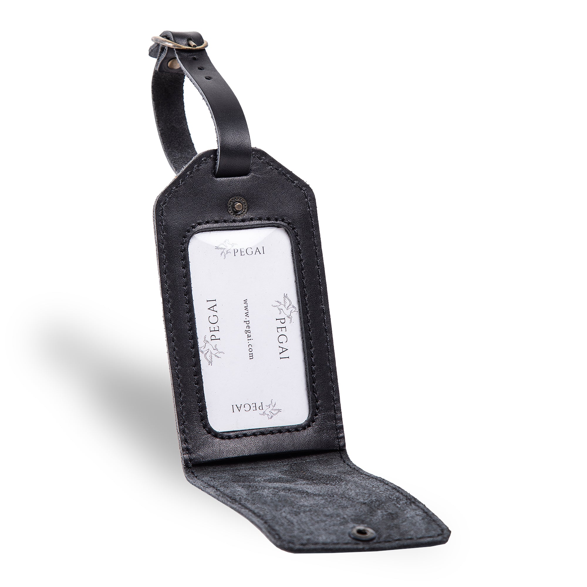 Open black leather luggage tag with clear ID window and suede-lined interior