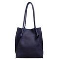 Flora Everyday Leather Tote in Togo Calf Navy Blue, front view on white background. Structured bucket-style tote with tall rolled leather handles and two knotted leather ties cinching the open top.