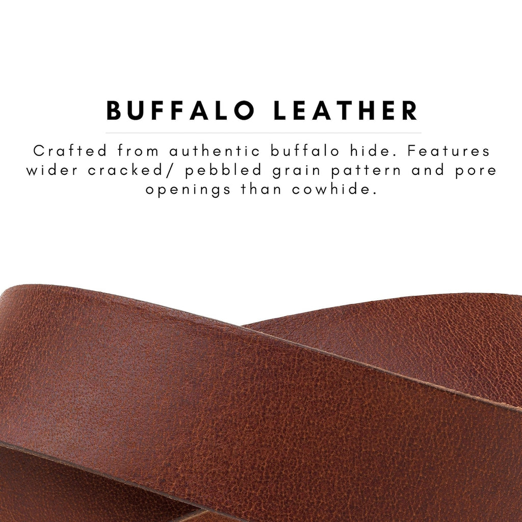 Informational graphic on white background with bold text reading "Buffalo Leather" and description: "Crafted from authentic buffalo hide. Features wider cracked/pebbled grain pattern and pore openings than cowhide." Below, a close-up of the Rustic Brown buffalo leather belt shows the characteristic pebbled grain and warm tonal depth of the Plano full-grain calfskin.