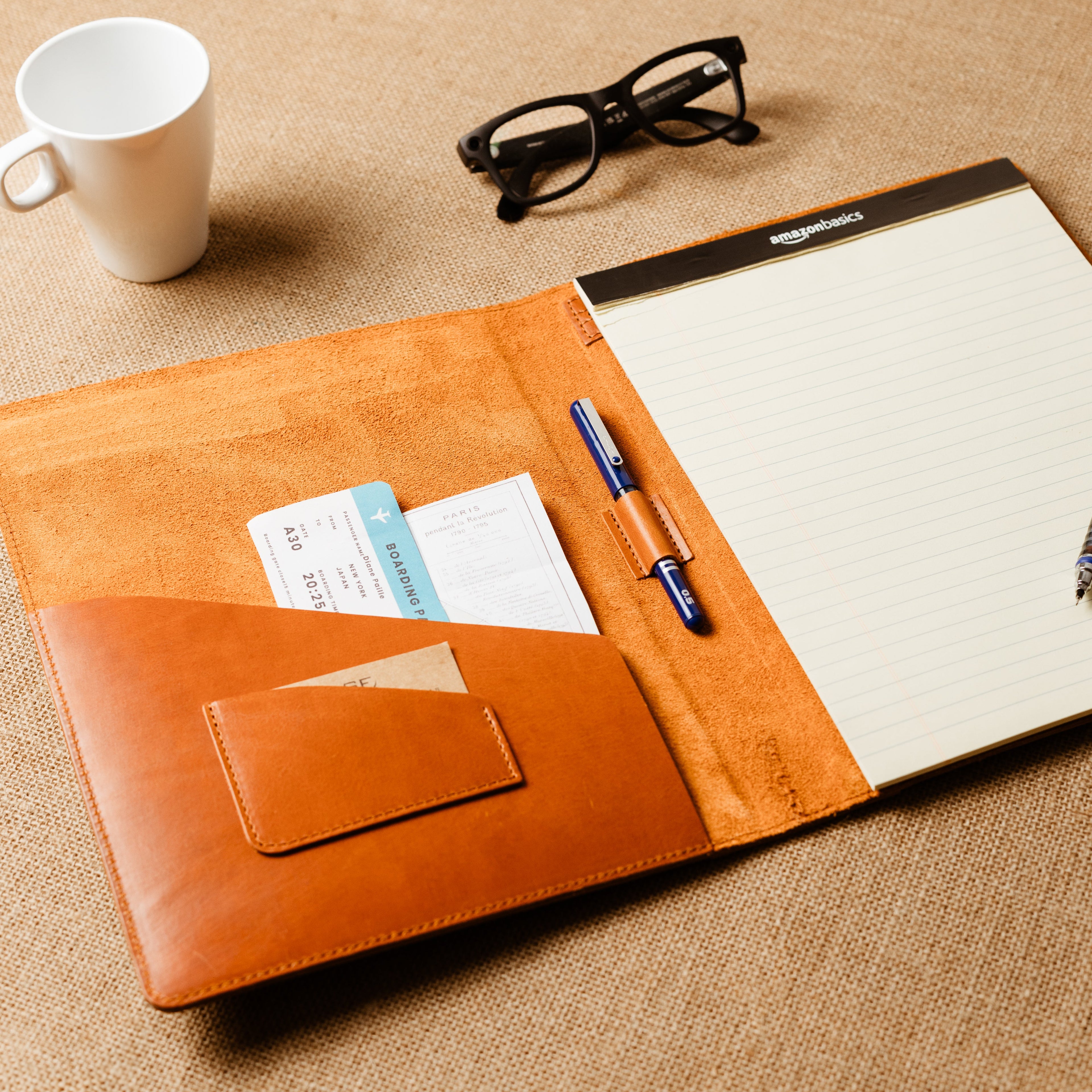 Handcrafted leather padfolio in Whiskey Cognac with pen holder, card pocket, and folder slot—designed by Tanner Leatherstein for legal pads.
