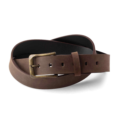 Chestnut brown Dallas Crazy Horse leather belt coiled on white background, showing antique brass rectangular buckle, keeper loop, and smooth waxy top-grain surface with natural variation.