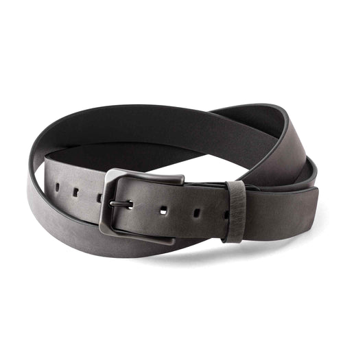 Rock Gray Dallas Crazy Horse leather belt coiled on white background, showing brushed nickel rectangular buckle, keeper loop, and smooth waxy top-grain surface with cool gray tone and natural variation. 